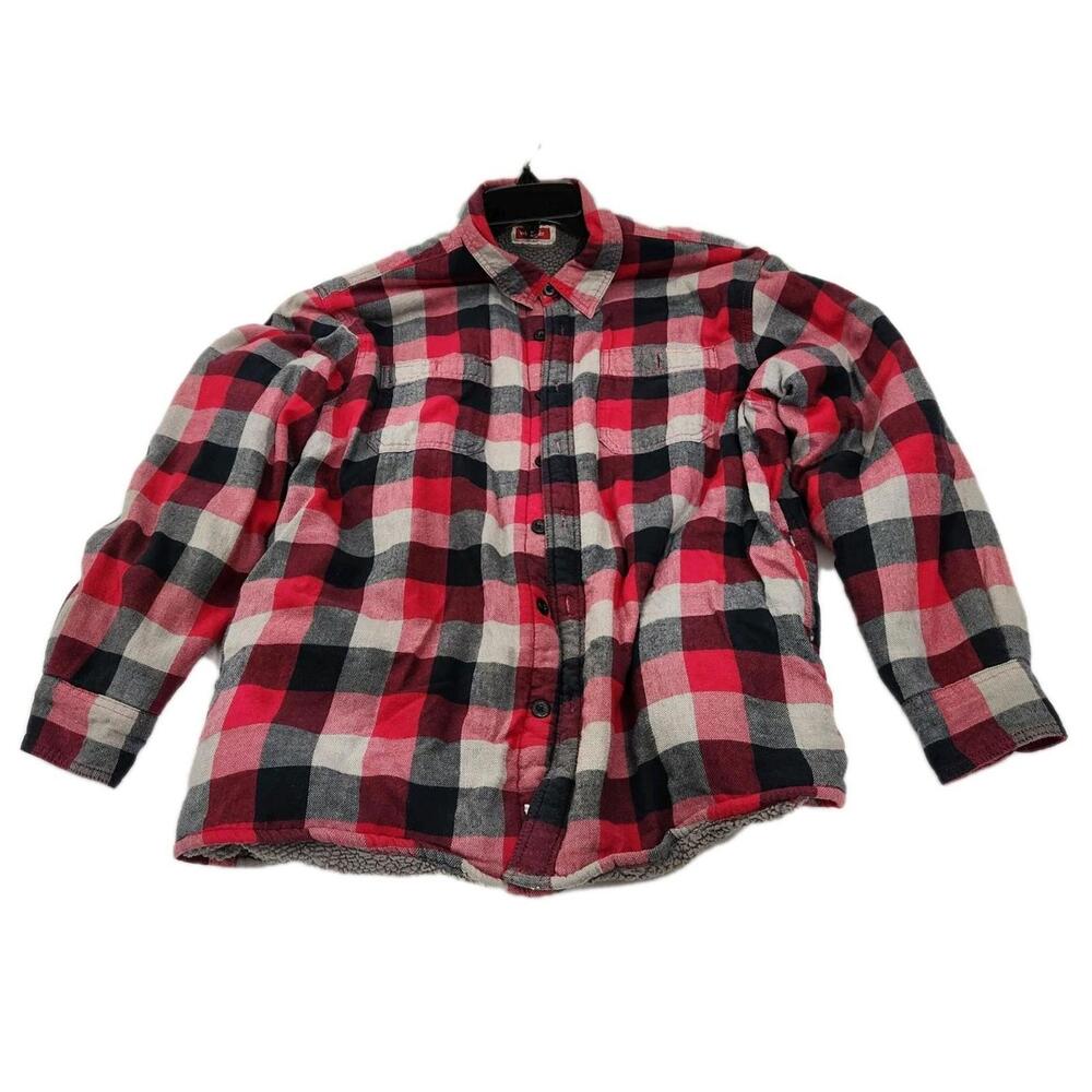 Wrangler Men’s Large Red Plaid Flannel Button Up Shacket Sherpa Lined Jacket